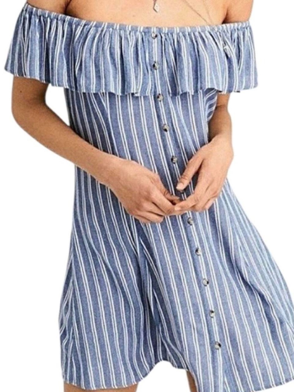 American Eagle Off-Shoulder Blue Striped Button-Front Dress